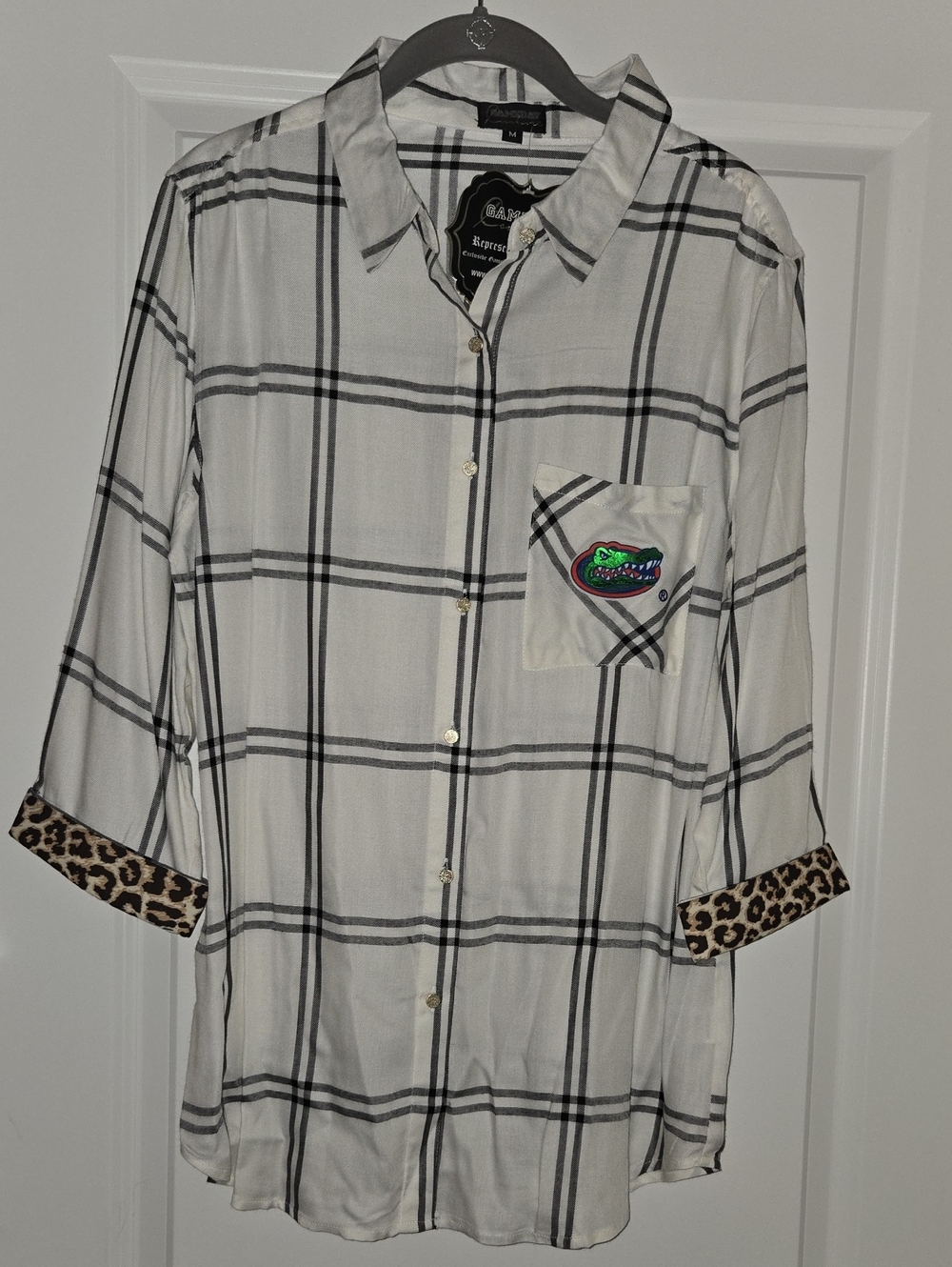 Gameday Couture White Plaid Button-Up Shirt with UF Gator Patch